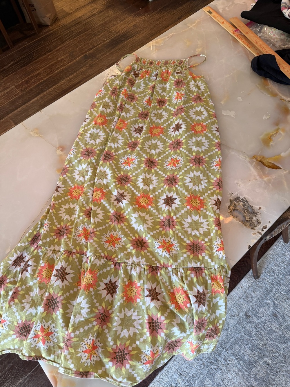 Universal Thread Olive Green Maxi Dress with Coral and White Starburst Print